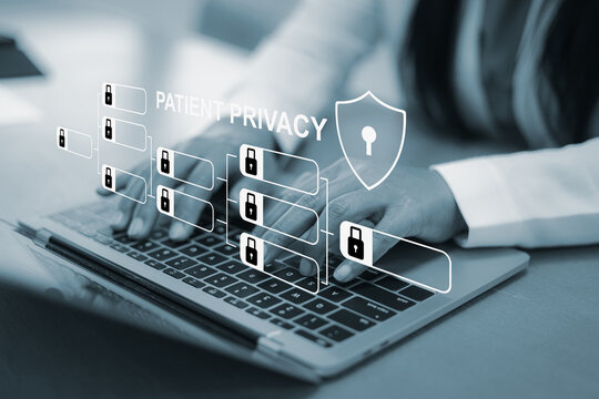 Patient privacy and data protection in healthcare system.Secure medical record management with cyber security icons.Healthcare compliance with HIPAA and data privacy regulations.
