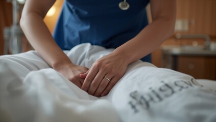 Obraz premium Leaning nurse resting hands on embroidered white blanket at ward bed, navy-blue scrubs, stethoscope