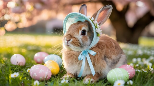 Adorable brown bunny wearing a festive light blue bonnet sits surrounded by colorful painted easter eggs in a sunny green meadow with blooming cherry blossom trees in the softly blurred spring