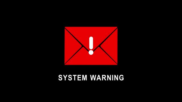 System warning a glowing red envelope warning icon in black background, email scam victim awareness concept, email security and protection concept 4k video...