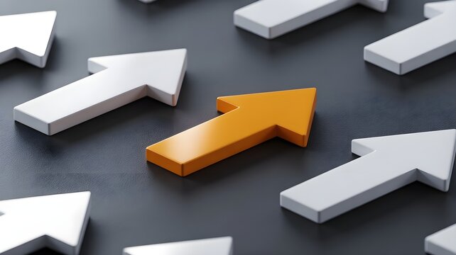 One distinct orange arrow standing out among many white arrows on a dark textured background representing leadership unique vision innovation and strategic success in a competitive business