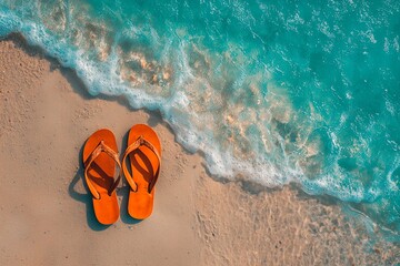 Obraz premium Summer sandals on sandy beach, top view minimal summer concept