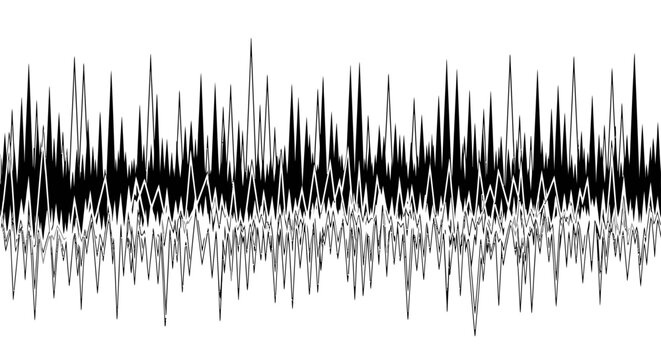 Abstract black and white sound waveform visualizer depicting dynamic audio frequency on an isolated white background.
