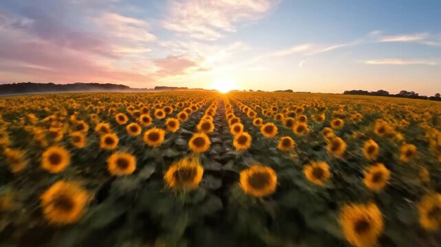 Golden sunflowers bloom across a vast field under a vibrant sunset sky
