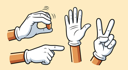 Obraz premium Cartoon white gloved hands making various gestures, including holding a small object, pointing, and showing a peace sign, on a light cream background.