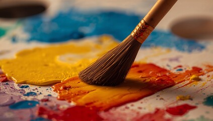 Obraz premium Spreading round-tipped brush pressing into orange paint on palette, with gold ferrule and smears