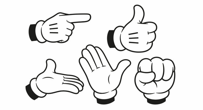 Comprehensive set of cartoon hand gestures featuring pointing, thumbs up, peace sign, open hand, fist, and sideways palm on an isolated white background.