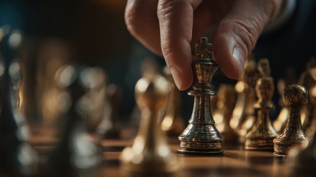 Hand moves king chess piece on wooden board with warm lighting