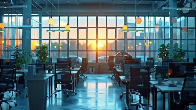 Modern office interior with glass partitions and orange lights during sunset viewed through a corridor