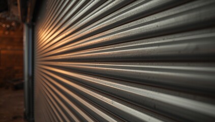 Naklejka premium Displaying corrugated roll-up shutter reflecting amber light in narrow alley, with scuff marks