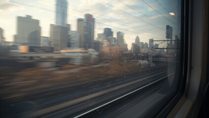Fototapeta premium Passing commuter train showing motion blur tracks and skyline through rain-specked glass, catenary