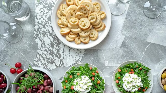 Assorted Mediterranean dishes with fresh vegetables, cheeses, and breads arranged on a marble surface from a top-down view.