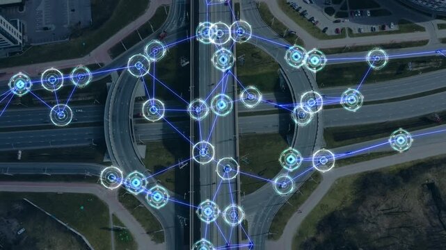 Futuristic urban interchange with autonomous vehicles. HUD displays, sensor arrays, AI-driven systems. Vision of smart city mobility, technology and transportation converge without human input. 