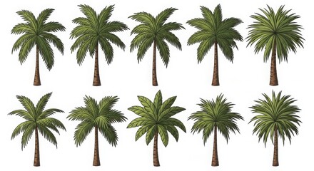 Collection of diverse palm trees on white background