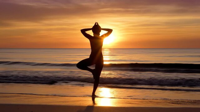 serene sunrise yoga session featuring surya namaskar on a tranquil beach with calm waves
