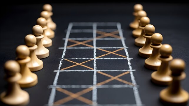 Wooden chess pawns arranged in two parallel rows facing a drawn chalk grid on a dark surface representing strategic planning competition and professional business decision making concepts in a studio