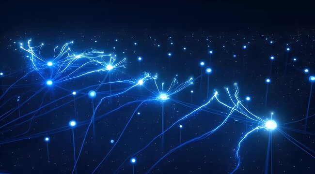 Abstract representation of neural networks connections and data streams in blue tones