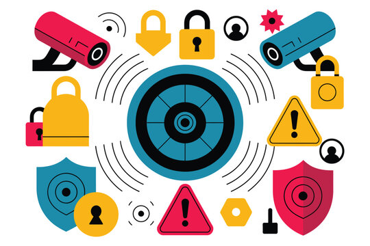 Comprehensive security system with surveillance cameras shields locks warning signs and human icons ensuring robust digital protection safety privacy