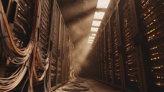 Dust Motes Dance in Light Shafts Piercing Dimly Lit Server Room