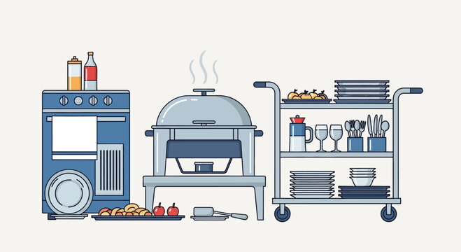 Catering Service Equipment: Oven, Chafing Dish, and Serving Cart with Food and Dishes