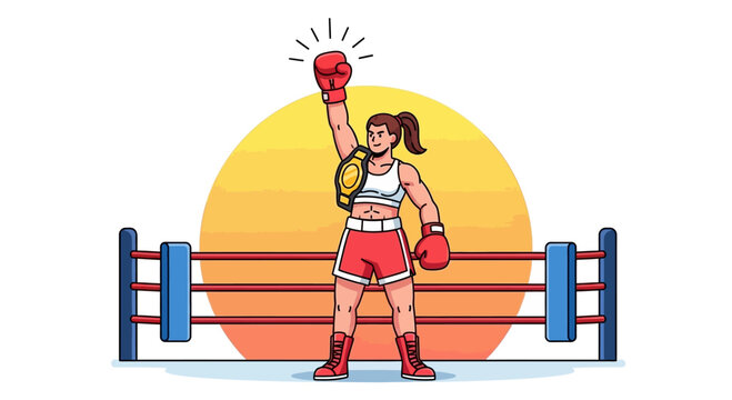 Female boxer wins championship, raising glove in victory in boxing ring