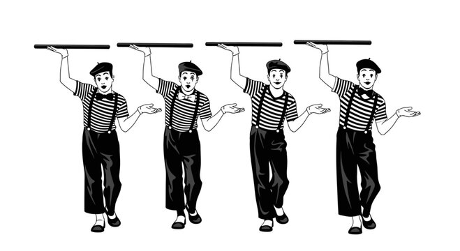Four Mimes Walking in Line Carrying Invisible Objects on Trays