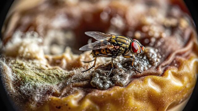 Fruit Fly Hovers Near Decaying Fruit Macro View