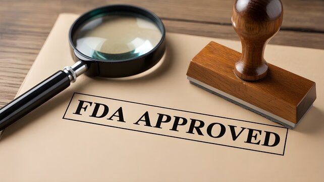 Fda approved stamp on official document with magnifying glass and wooden seal for regulatory compliance verification and healthcare quality assurance certification in professional medical