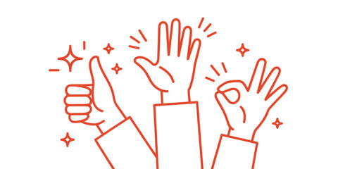 Three stylized hands showing a thumbs up gesture a raised open hand and an okay sign symbol Vector © AZIFA