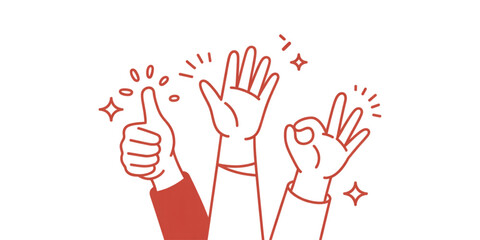 Three raised hands showing diverse gestures including thumbs up open palm and okay hand sign Vector