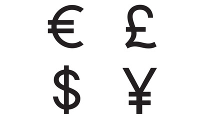 Obraz premium Currency symbols including Euro, Pound Sterling, US Dollar, and Japanese Yen are displayed in black against a white background.