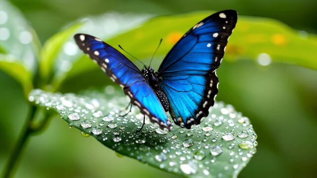 Graceful Blue Butterfly Rests on Dew Kissed Leaf