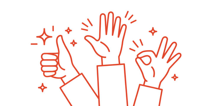Three stylized hands showing a thumbs up gesture a raised open hand and an okay sign symbol Vector