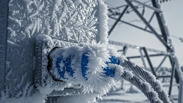 Ice Encases Crucial Junction Box on Frosty Transmission Tower