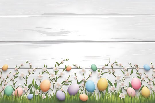 Rustic Spring Background with Apple Blossom Border on White Wood Plank and Copy Space
