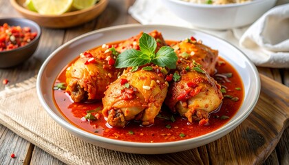 Fototapeta premium Delicious Chicken Dish with Spicy Tomato Sauce Garnished with Fresh Basil Leaves.