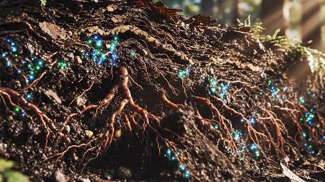 Underground tree roots in rich soil with glowing symbiotic particles and natural light