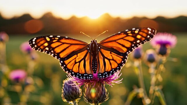 Monarch Butterfly Unfurls Wings on Thistle Bloom at Sunset