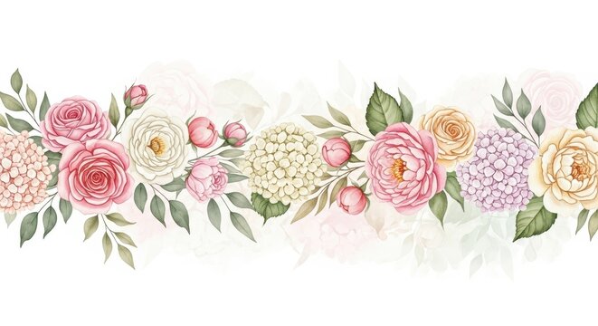 A beautiful horizontal border arrangement featuring delicate watercolor roses and hydrangea flowers