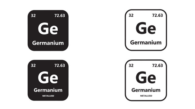 Germanium element symbols with atomic number 32 and atomic weight 72.63 in black and white square icons.