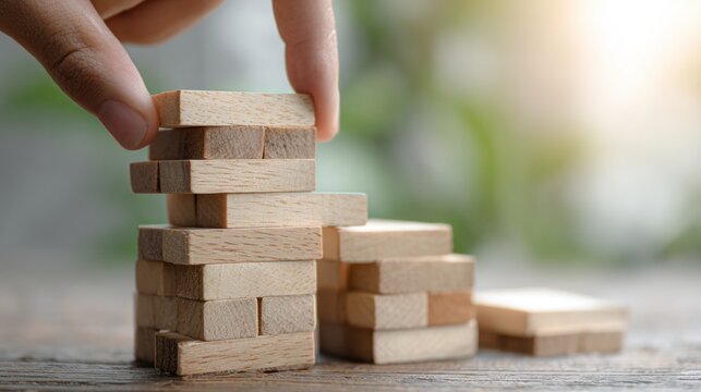 Hand carefully placing wooden block on unstable tower
