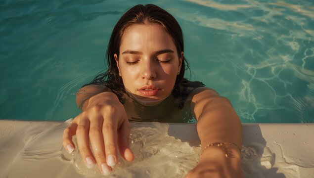 Holding adult woman gripping pool coping at private pool, showing swimsuit straps and gold bracelet