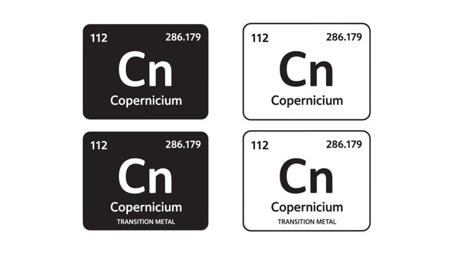 Copernicium element tiles with atomic number 112 and atomic mass 286.179 displayed in black and white styles.