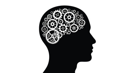 Obraz premium A stark silhouette of a human head is filled with intricate gears symbolizing thought mechanics and the complexity of the mind