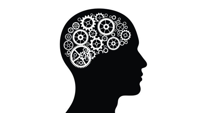 A stark silhouette of a human head is filled with intricate gears symbolizing thought mechanics and the complexity of the mind
