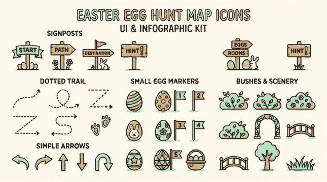 Easter egg hunt map icons and infographic kit with signposts trails markers scenery