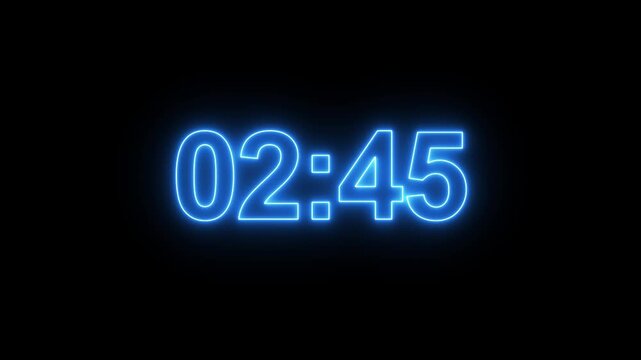Glowing neon 3 minutes countdown with black background.3 Minute Digital Negative Countdown. seconds on transparent background 180 second countdown timer, Countdown video with alpha channel