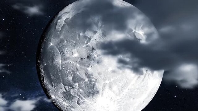 Full moon with visible craters shines brightly through dark clouds