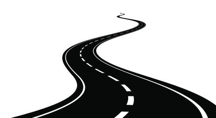 A winding black road stretches into the distance depicted in a stark high contrast black and white graphic style © Bsicon02