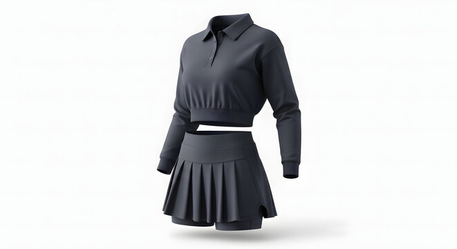 Stylish dark grey women's athletic two-piece outfit featuring a cropped long-sleeve polo shirt and a pleated mini skort on a white background.